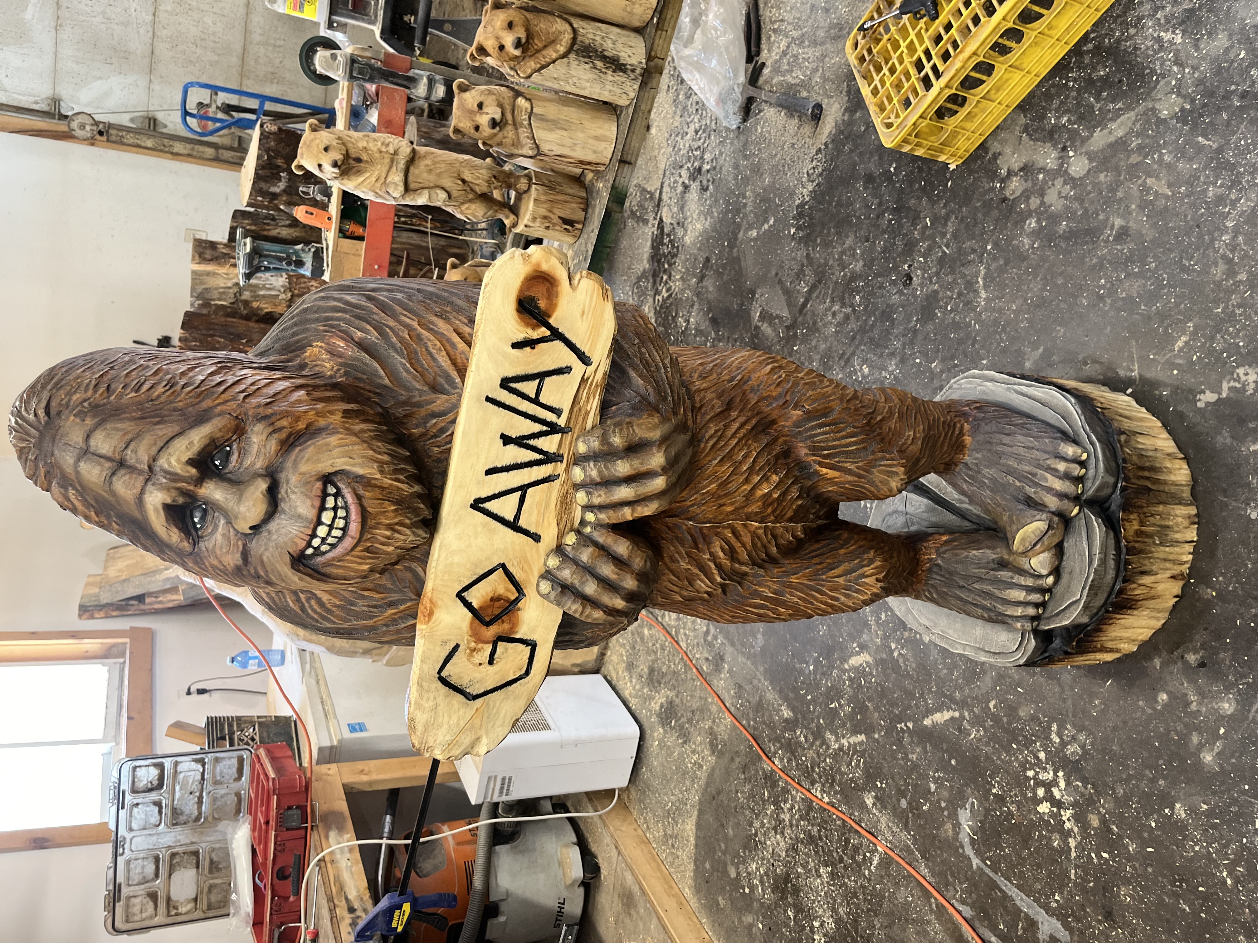 Hand-Carved Sasquatch Statue Carved On-Site with Interchangeable Signs