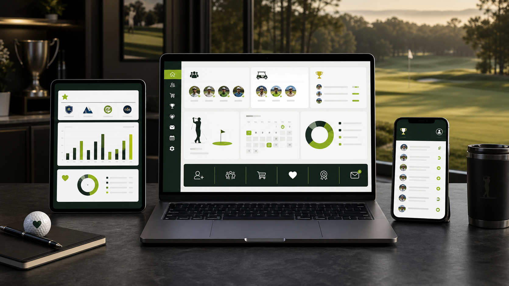 Tournament operations dashboard displayed across a laptop, tablet and phone overlooking a golf course